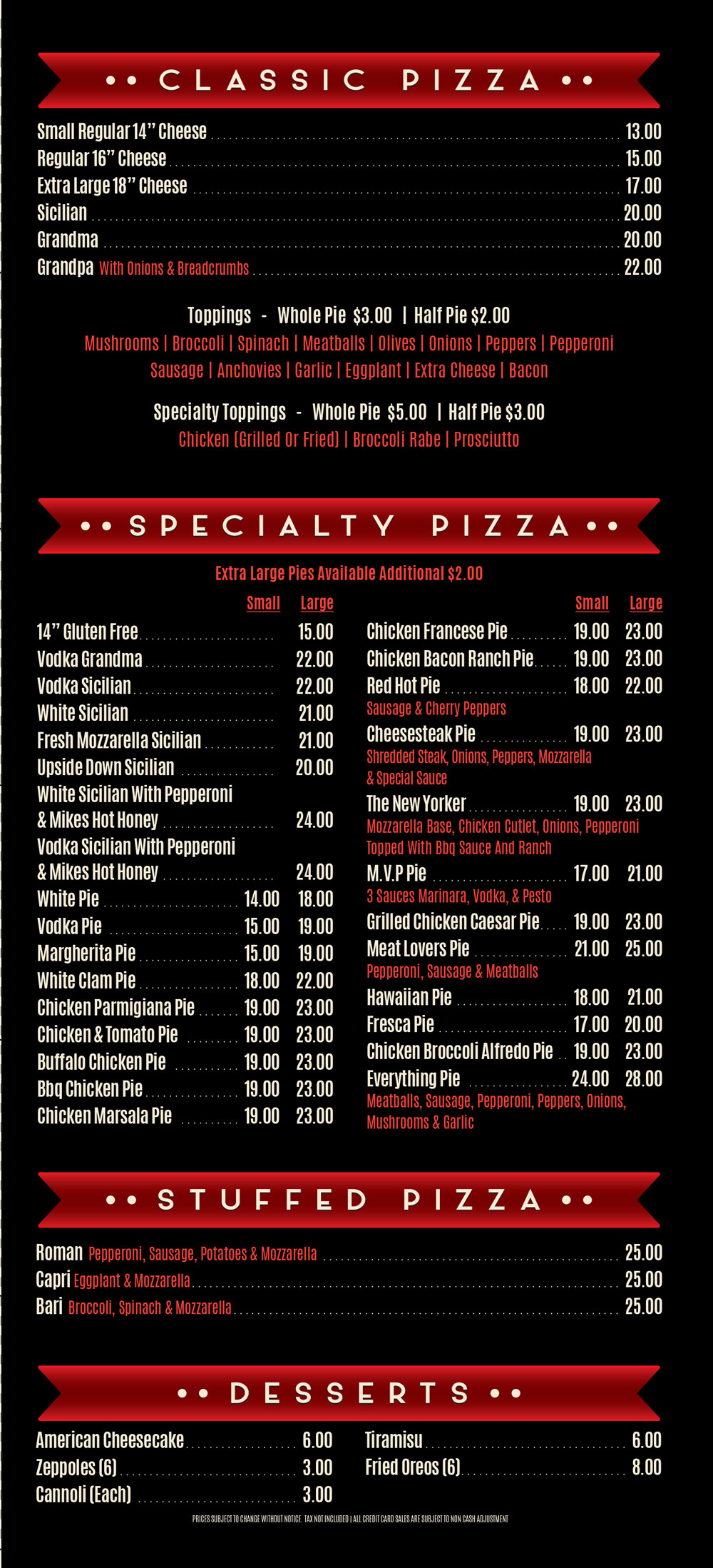 Napoli Pizza Menu